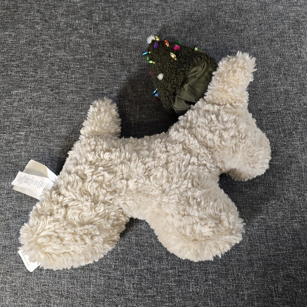 New Pottery Barn Dog with Christmas Tree Hat Pillow Sherpa Plush Read